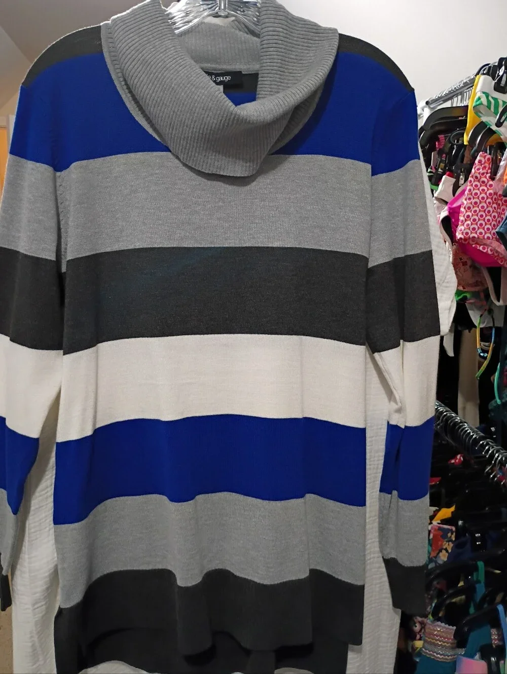 CABLE & GAUGE Striped Cowl Sweater in Blue, Gray & White - SIZE Large NWT - Picture 4 of 7